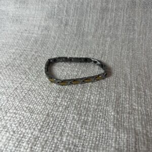 Stainless Steel Silver Magnetic Therapy Bracelet Oval Gold Tone Accents Stamped